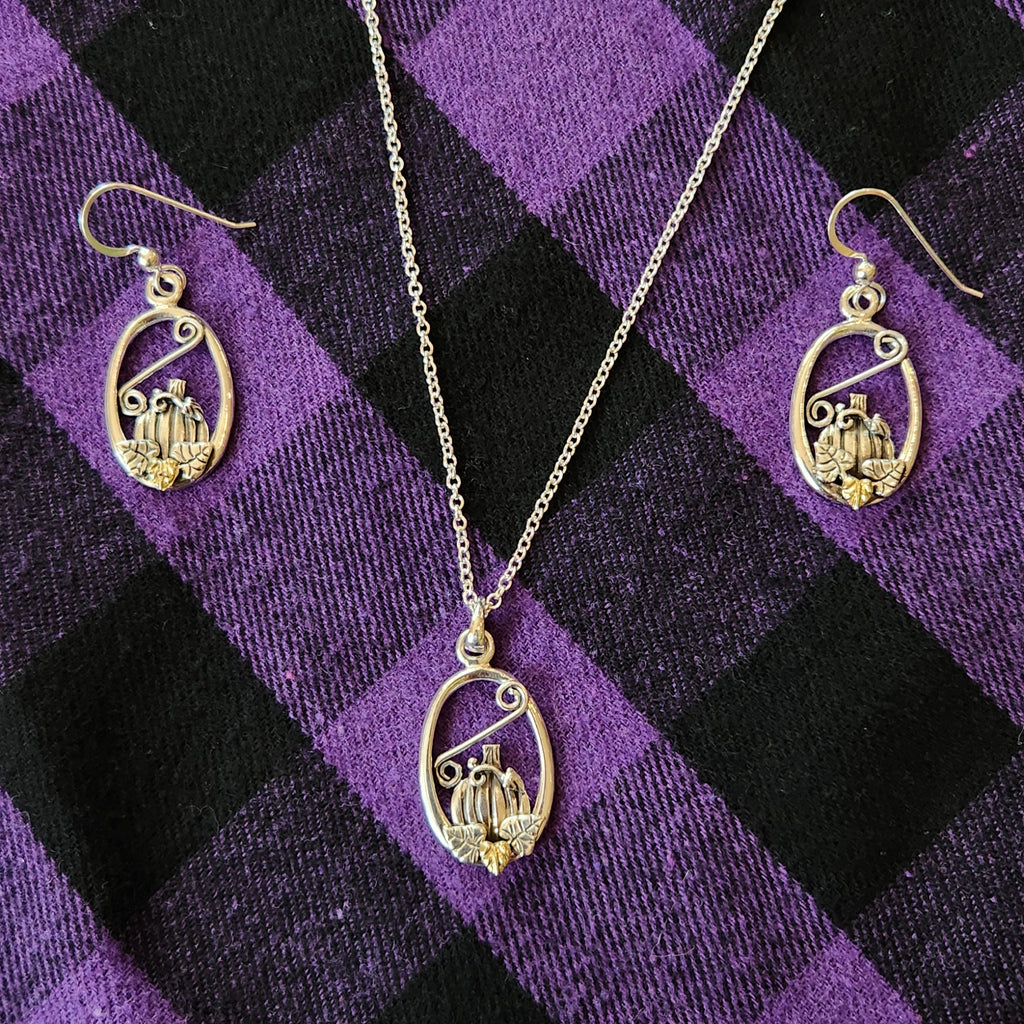 Pumpkin Harvest Pendant and Earring Set in Sterling Silver and 18K Gold