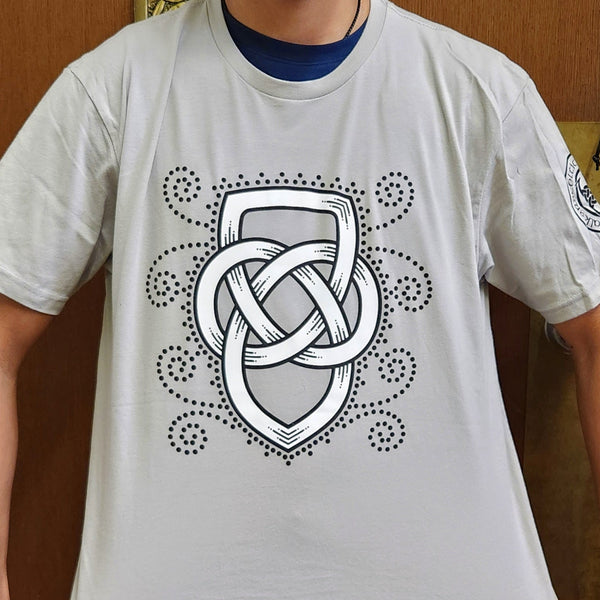 Light Gray t-shirt with a black and white Father's Knot design on a wooden background