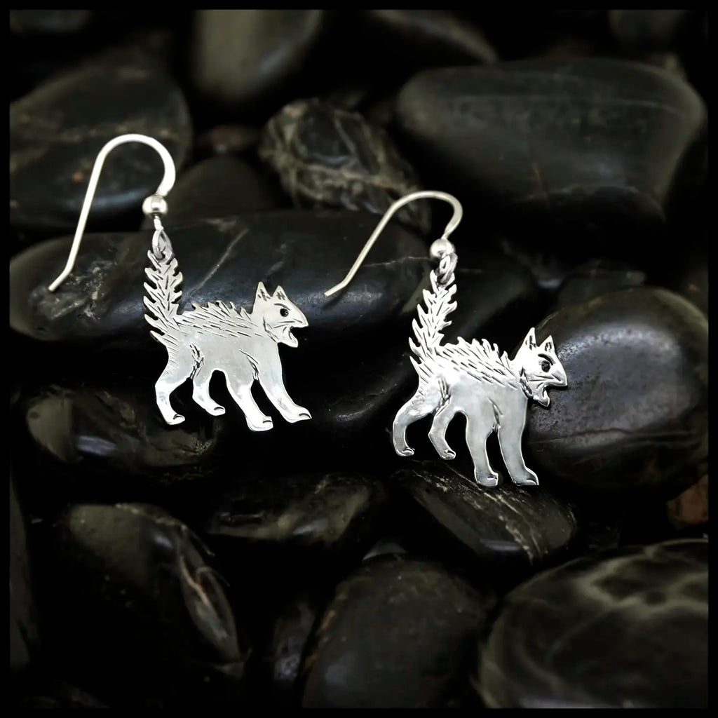 Silver Scaredy cat earrings on black pebbles