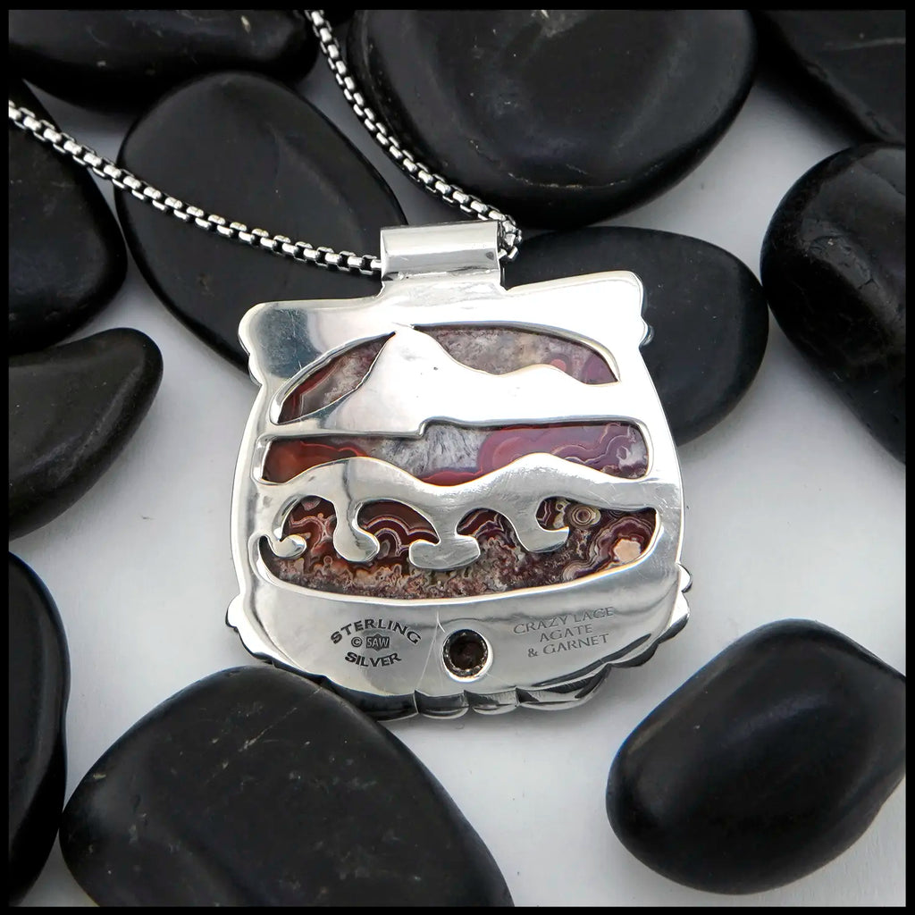 Crazy Lace Agate and Garnet pendant in Sterling Silver- Reverse