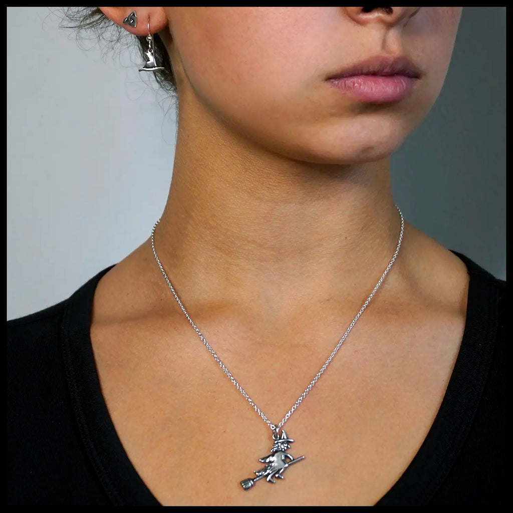 Flying Witch Pendant and Earring Set in silver