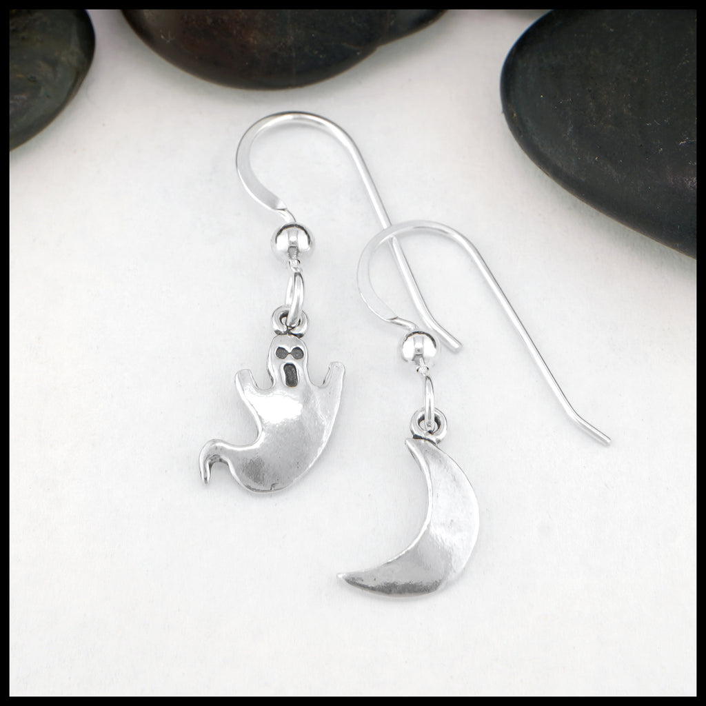 Ghost and Crescent Moon Drop Earrings