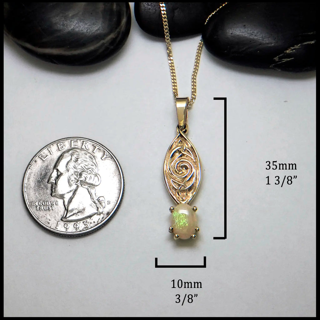 Triquetra Spiral Opal Pendant set in 14K Yellow Gold
35mm x 10mm