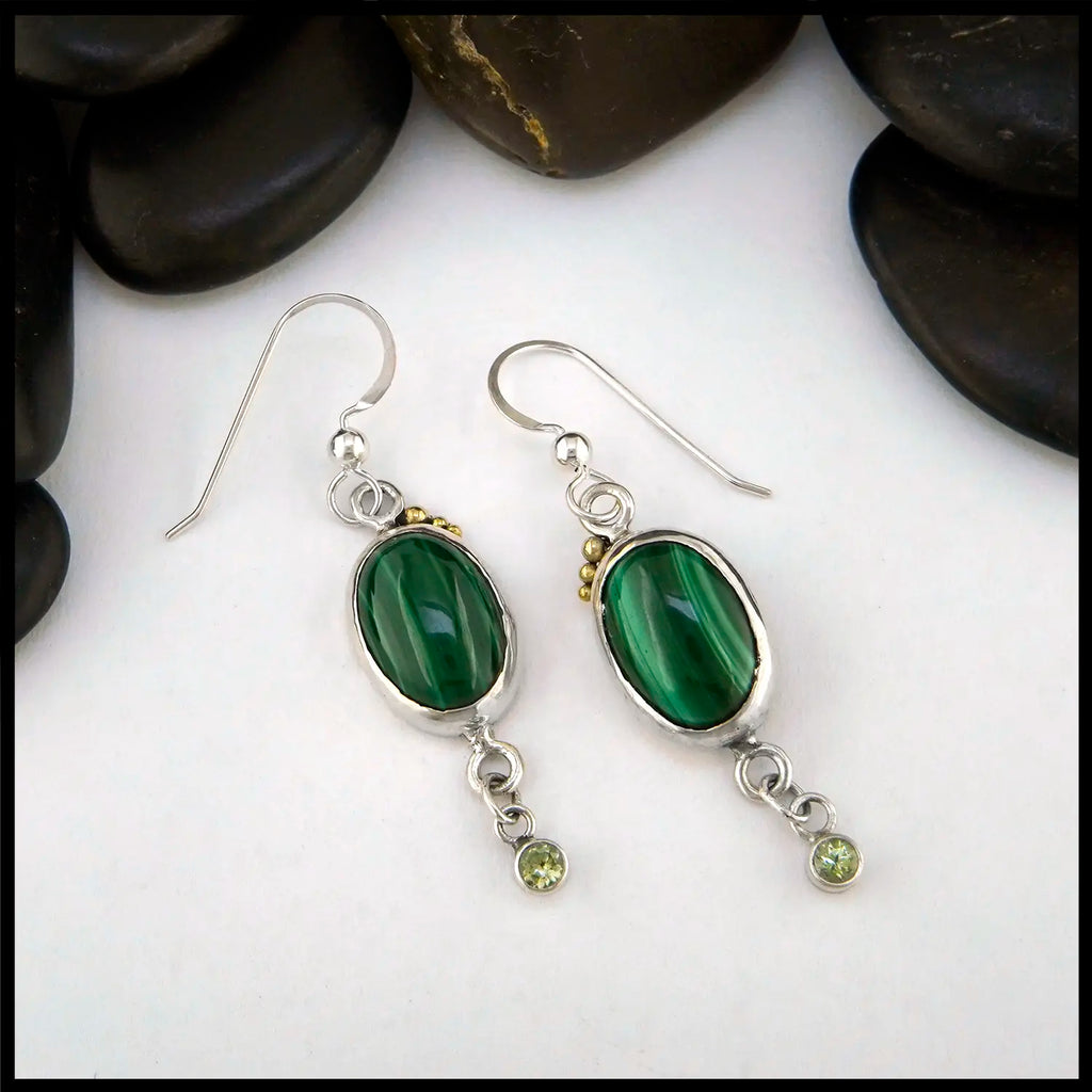 Malachite and Mint Garnet Drop Earrings in Sterling Silver and 18K Yellow Gold