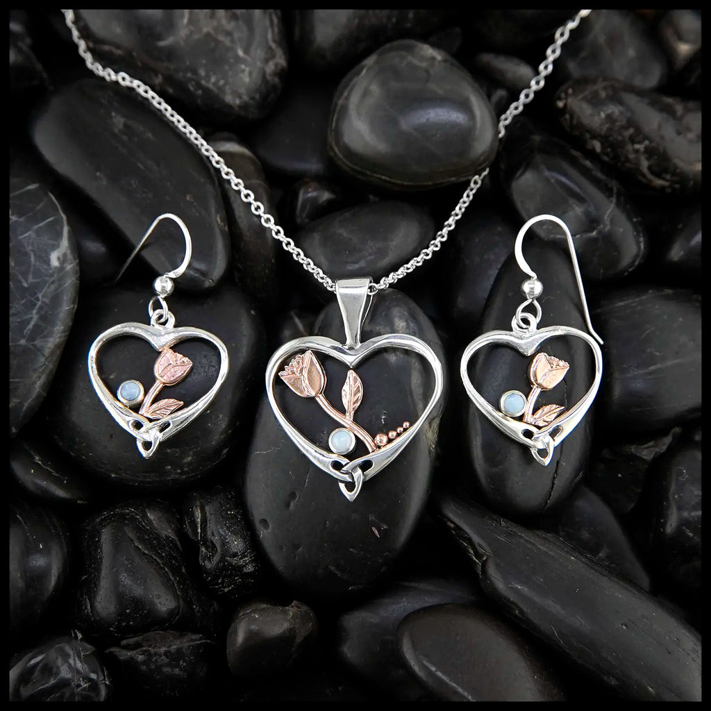 Heart Shaped Rose Pendant and Earring Set in Sterling Silver and 14K Rose Gold- Set with Opal