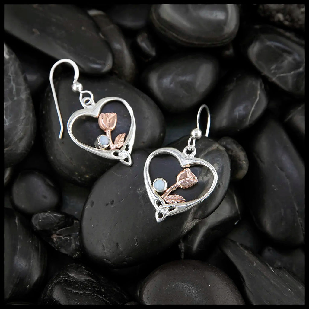 Heart Shaped Rose Earrings in Sterling Silver and 14K Rose Gold- Set with Opal