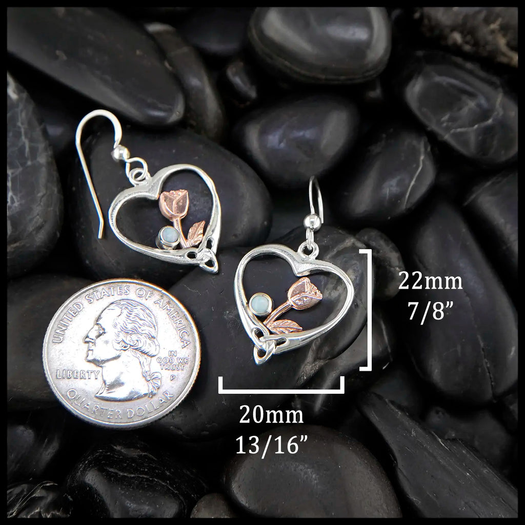 Heart Shaped Rose Earrings in Sterling Silver and 14K Rose Gold- 22mm x 20mm