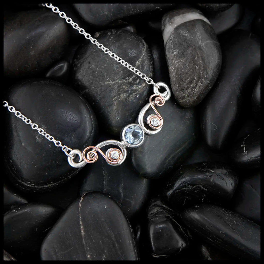 Aquamarine and Diamond Bar Necklace in Sterling Silver and 14K Rose Gold