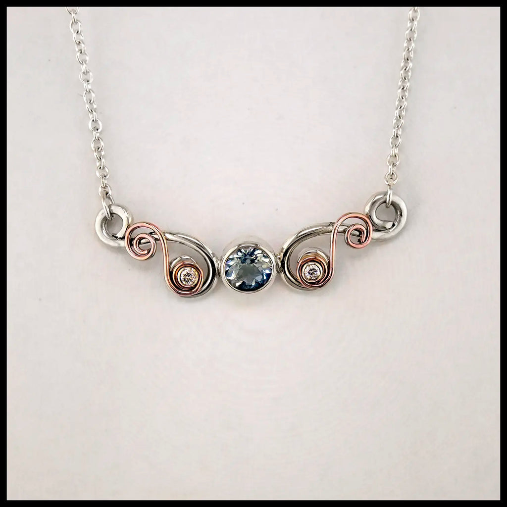 Aquamarine and Diamond Bar Necklace in Sterling Silver and 14K Rose Gold