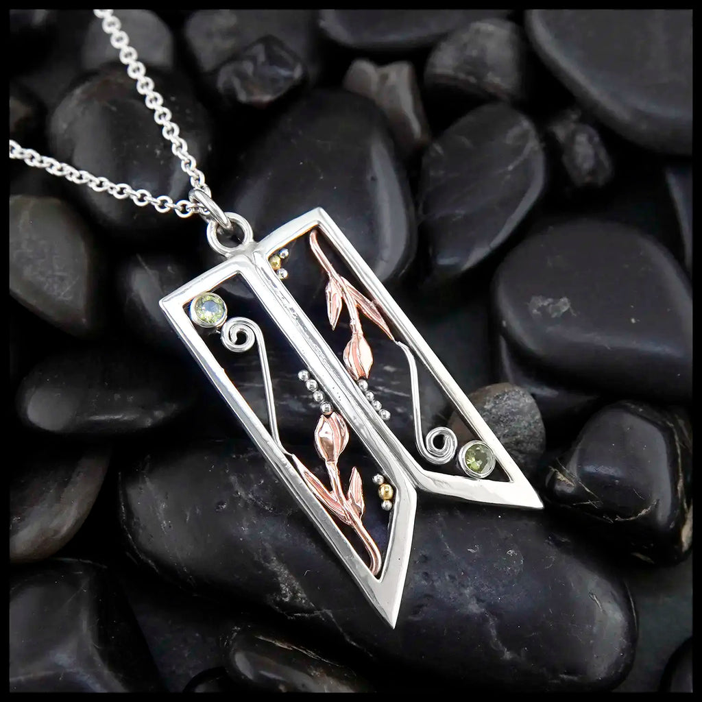 Twin Tulip Pendant in Sterling Silver and 14K Rose gold with Peridot and 18K Yellow Gold Beads