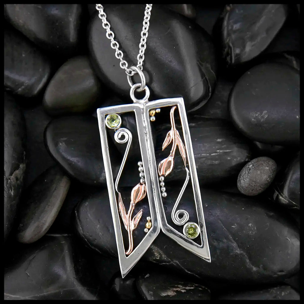 Twin Tulip Pendant in Sterling Silver and 14K Rose gold with Peridot and 18K Yellow Gold Beads