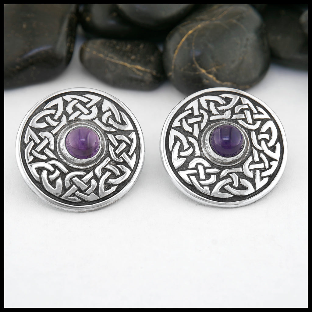 Celtic Wheel of Life Post Earrings with Amethyst in Silver