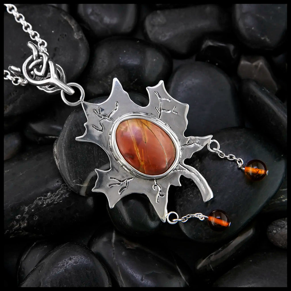 Maple Drop Jasper and amber pendant in sterling silver