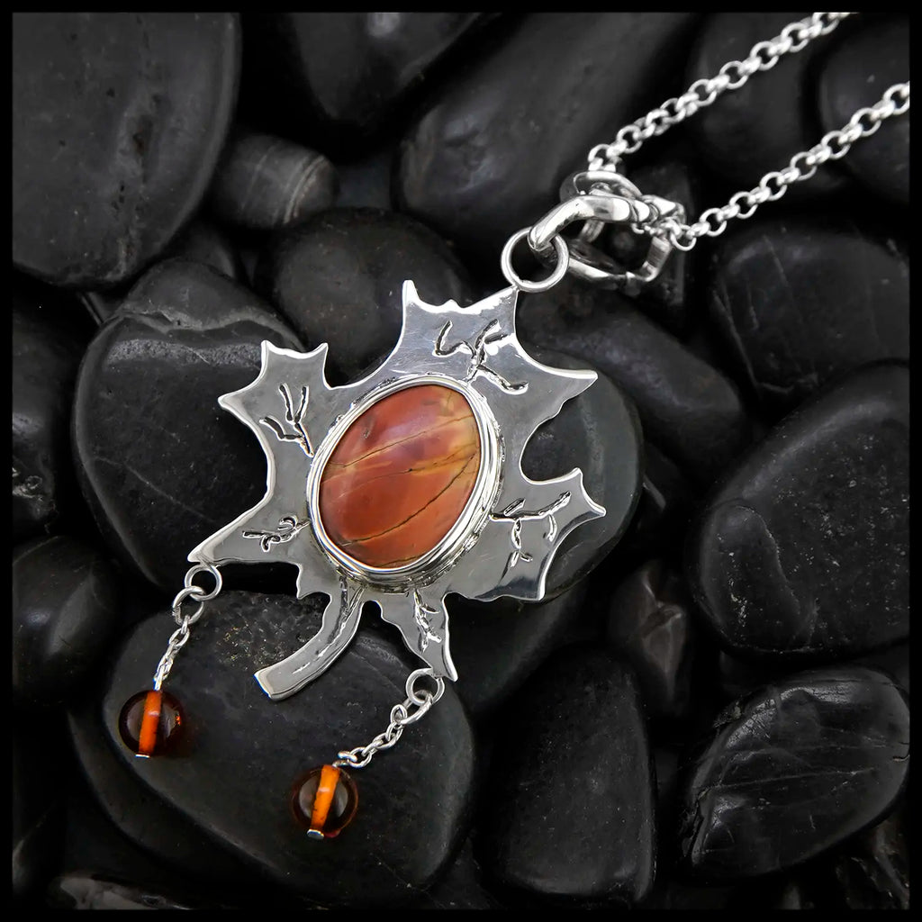 Maple Drop Jasper and amber pendant in sterling silver