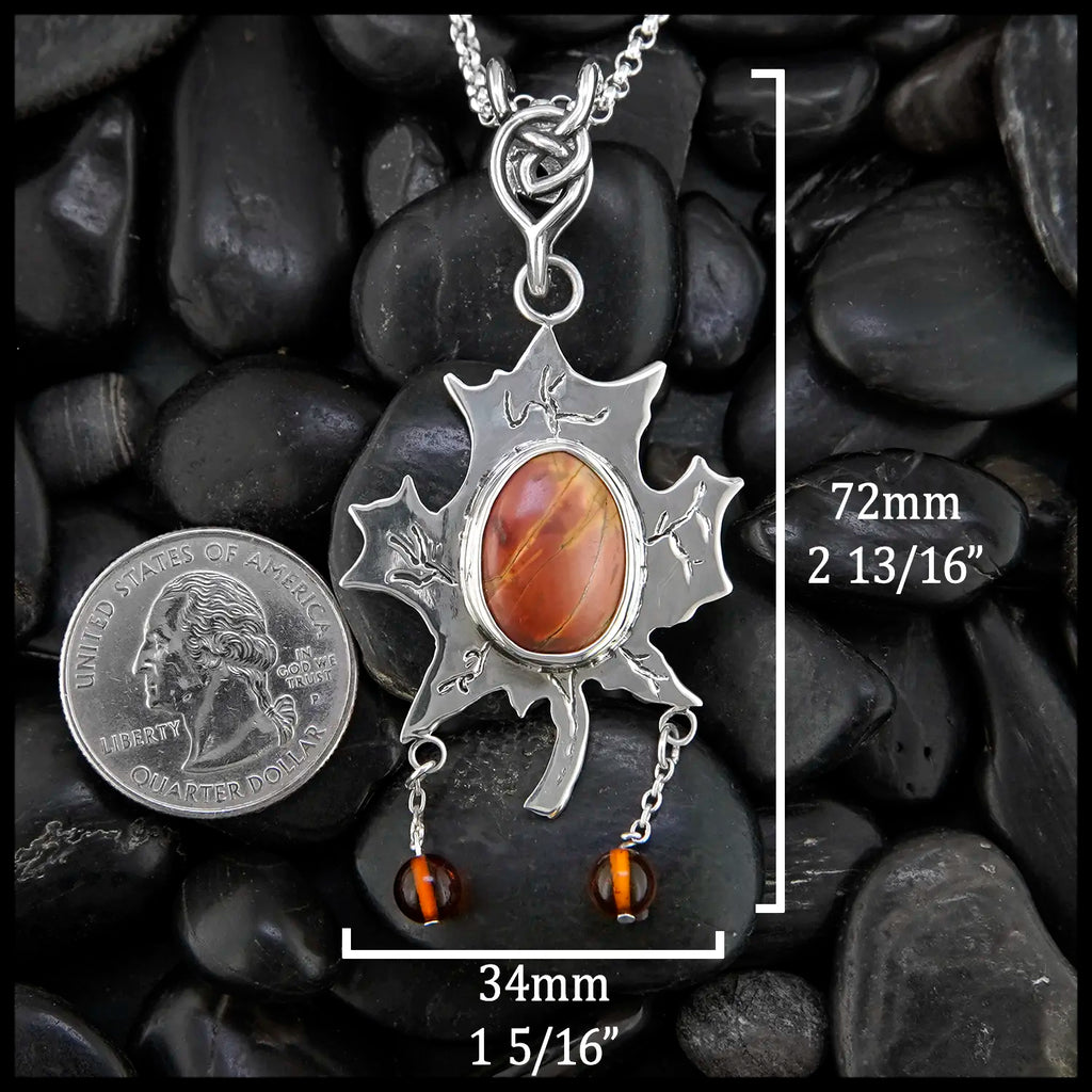Maple Drop Jasper and amber pendant in sterling silver
72mm x 34mm