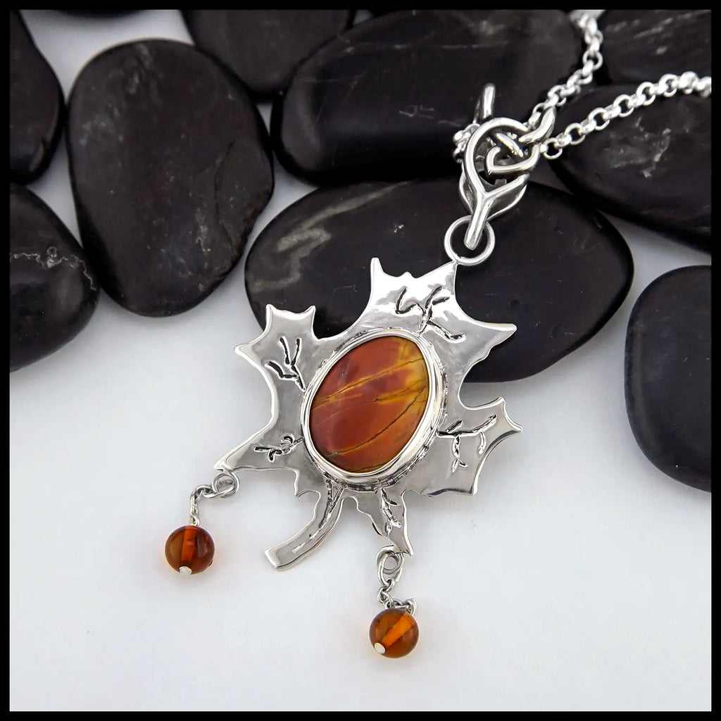 Maple Drop Jasper and amber pendant in sterling silver