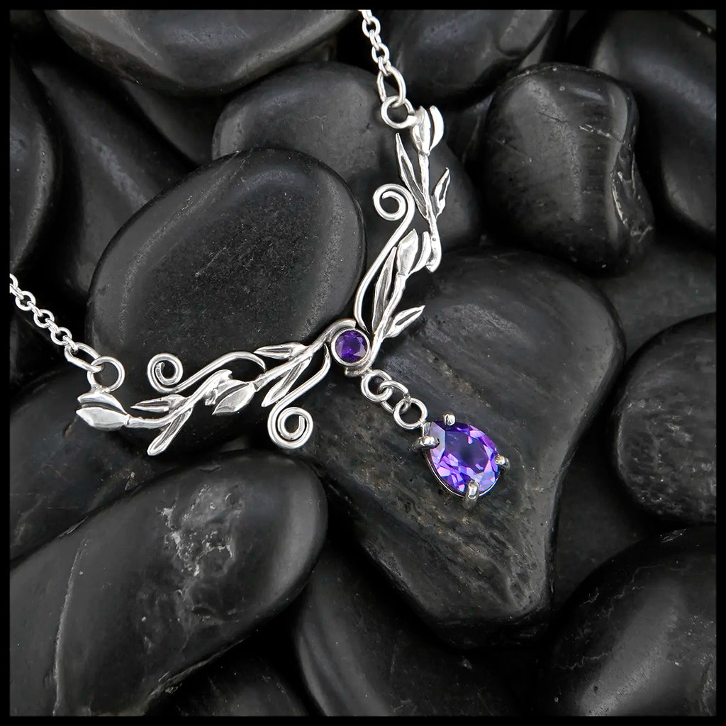 Tulip Bar Necklace in Sterling Silver with Amethyst and Lab Alexandrite