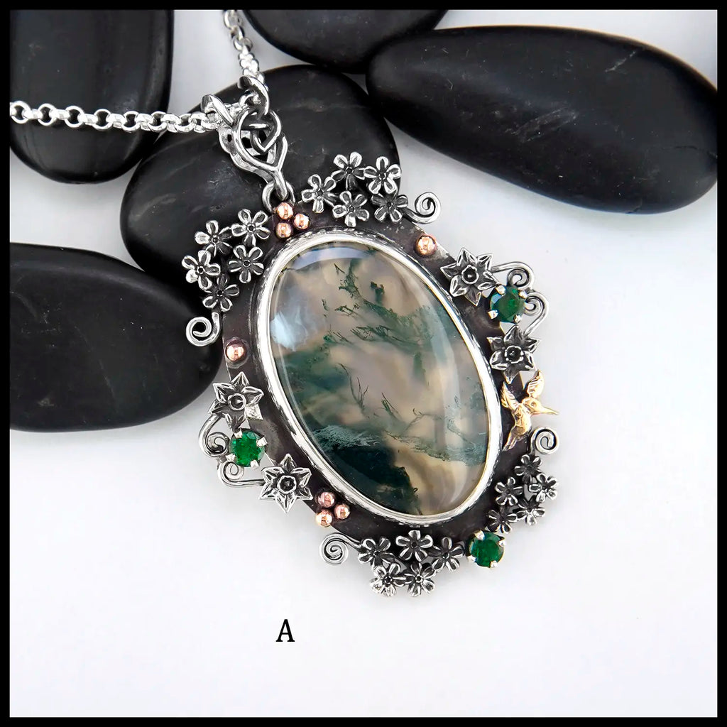 Brigid's Bouquet Pendant with Moss Agate and Tsavorite in Sterling Silver, 14K Rose Gold, and 18K Yellow Gold- Pendant A
