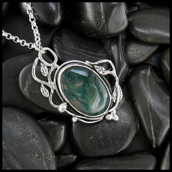Moss Agate Garden Snail Pendant in Sterling Silver