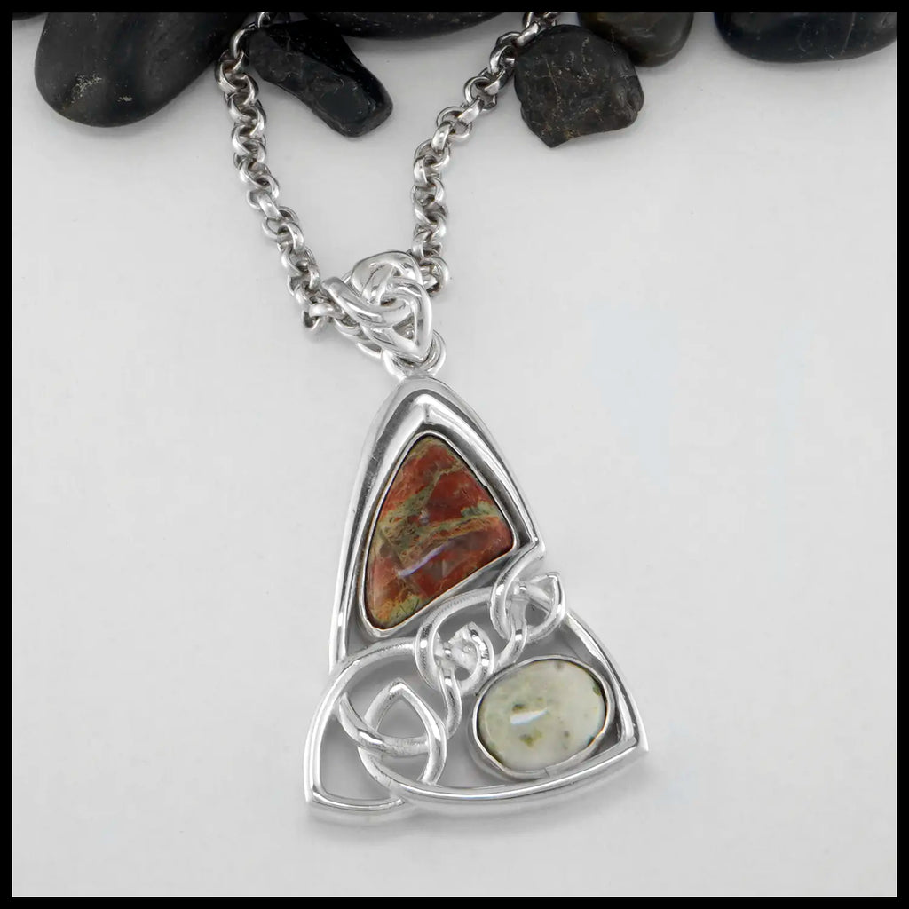 Custom Triangular Celtic Knot Pendant in Sterling Silver With a polished Iona Bloodstone Cabochon and a Polished Connemara Marble Cabochon, Celtic knot tapered bale on a Large 18 inch Rolo Chain. Made by Steve Walker.