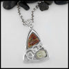 Custom Triangular Celtic Knot Pendant in Sterling Silver With a polished Iona Bloodstone Cabochon and a Polished Connemara Marble Cabochon, Celtic knot tapered bale on a Large 18 inch Rolo Chain. Made by Steve Walker.