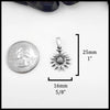 Silver sunflower pendant with size measurements relative to a quarter on a white background. Measurements are 25mm or 1" Tall with bale, and 16mm or 5/8" wide. 