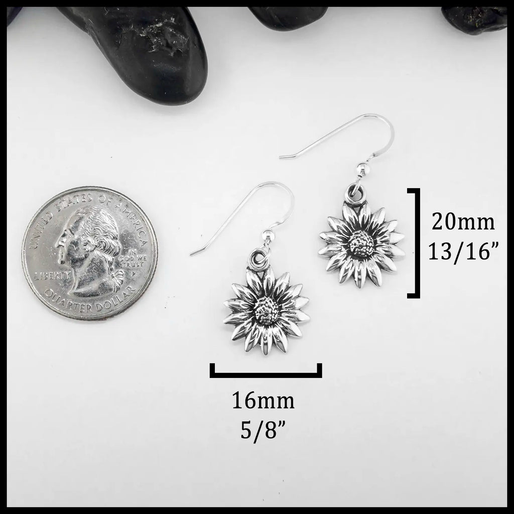 Silver sunflower earrings with measurements on a white background. Measurements: 20mm or 13/16" Tall and 16mm or 5/8" wide.