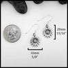 Silver sunflower earrings with measurements on a white background. Measurements: 20mm or 13/16" Tall and 16mm or 5/8" wide.