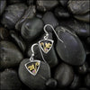 Triangle Sterling Silver Frame drop earrings with 18K yellow gold leaf accents and pink tourmalines