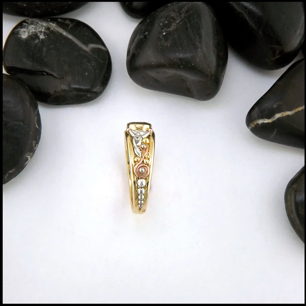 Gold ring with gemstones on a white background with black stones around