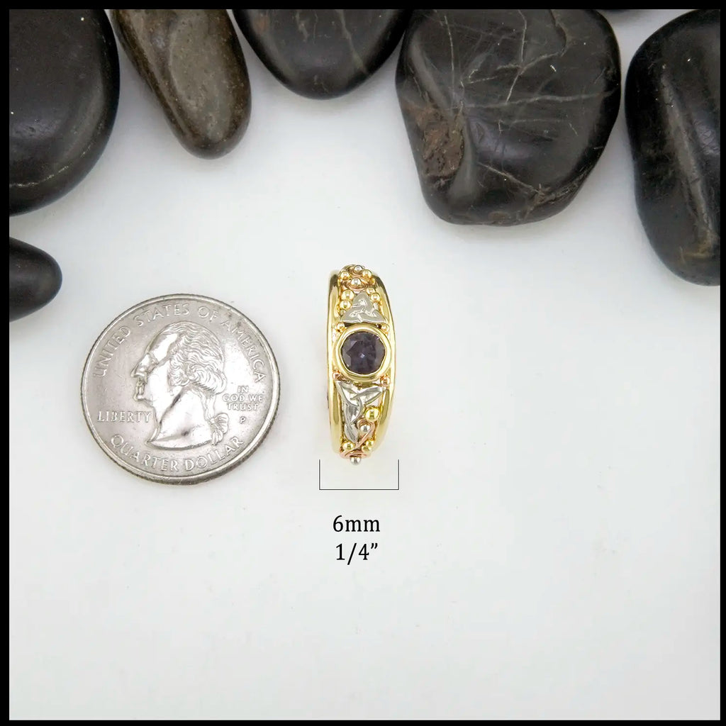 Gold and purple gemstone ring next to a quarter on a white background with rocks.