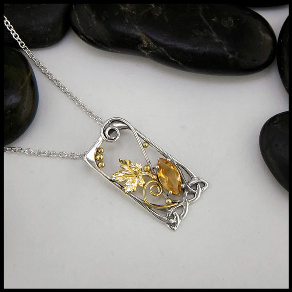 Citrine Maple Leaf Pendant in Sterling Silver and 18K Gold