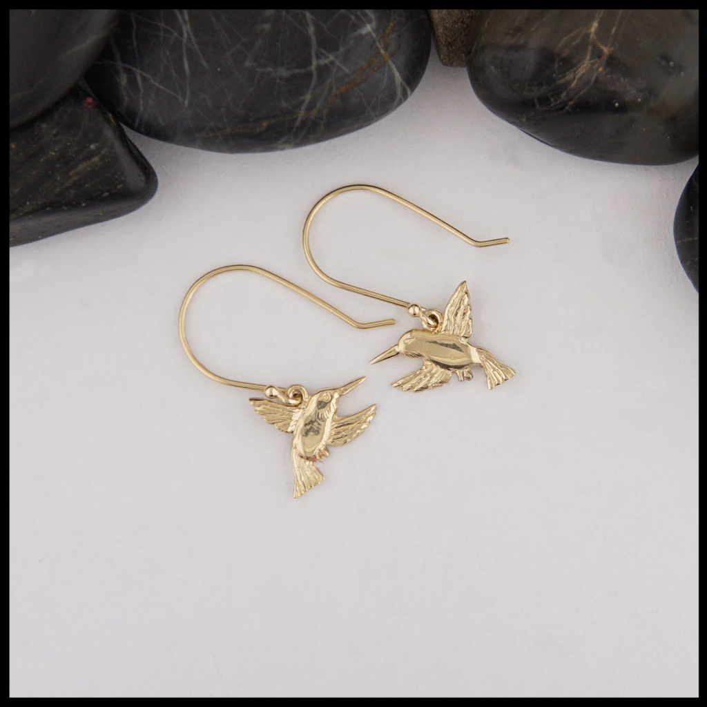 Gold hummingbird drop earrings