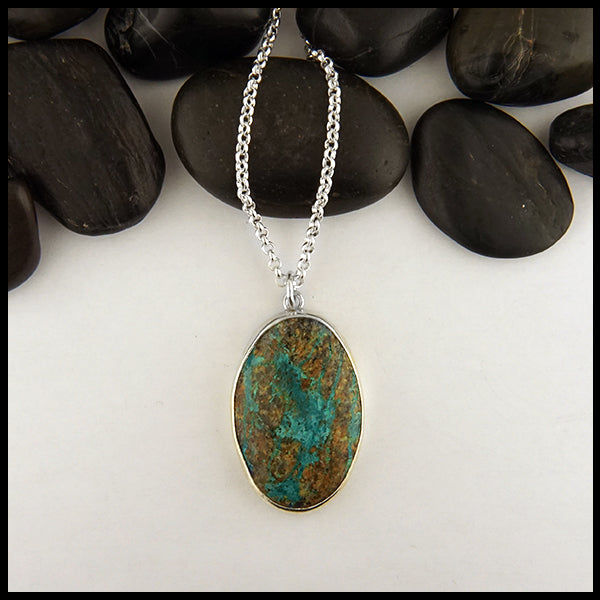 Oval Azurite Rustic Pine Tree Pendant in Sterling Silver