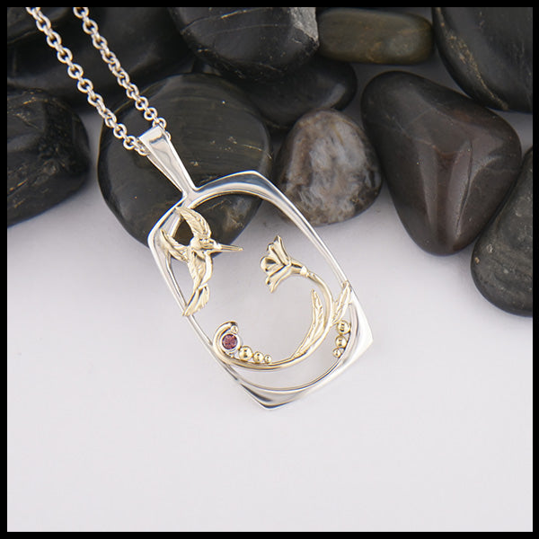 Hummingbird Flower Pendant in sterling silver and 14K Yellow gold with Rhodolite Garnet