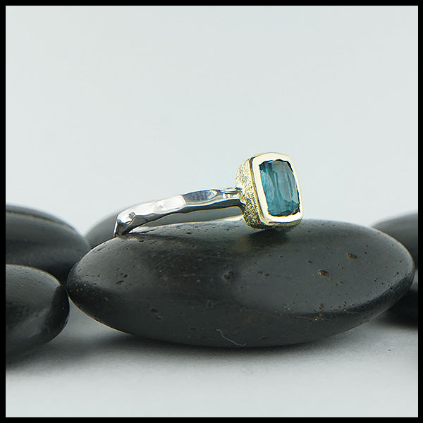 Rose cut blue tourmaline ring in silver and gold