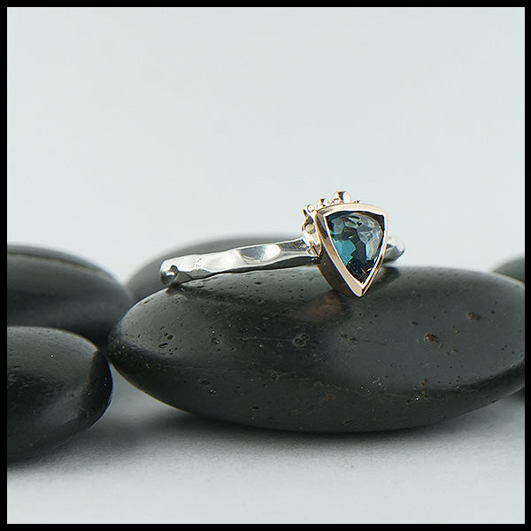 Rose Cut Blue Green Tourmaline ring in silver and gold
