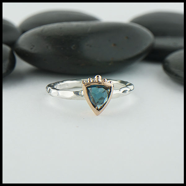 Rose cut blue green tourmaline ring in silver and gold