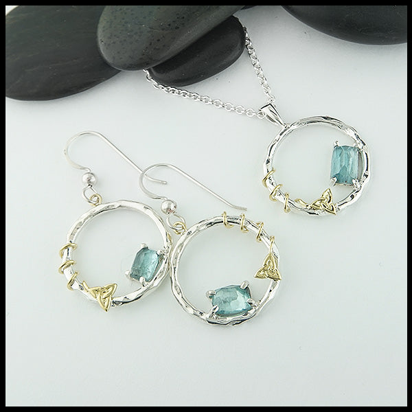 Blue Tourmaline Pendant and Earring Set in Sterling Silver and 18K Yellow Gold