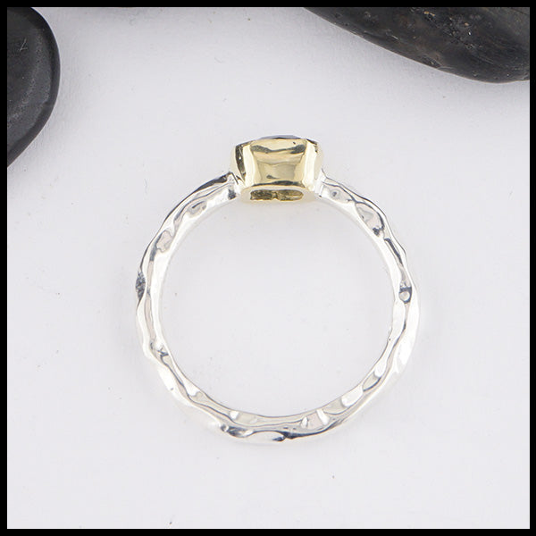 Profile view of Sterling Silver and 18K yellow gold ring set with a Rose Cut Green Tourmaline.