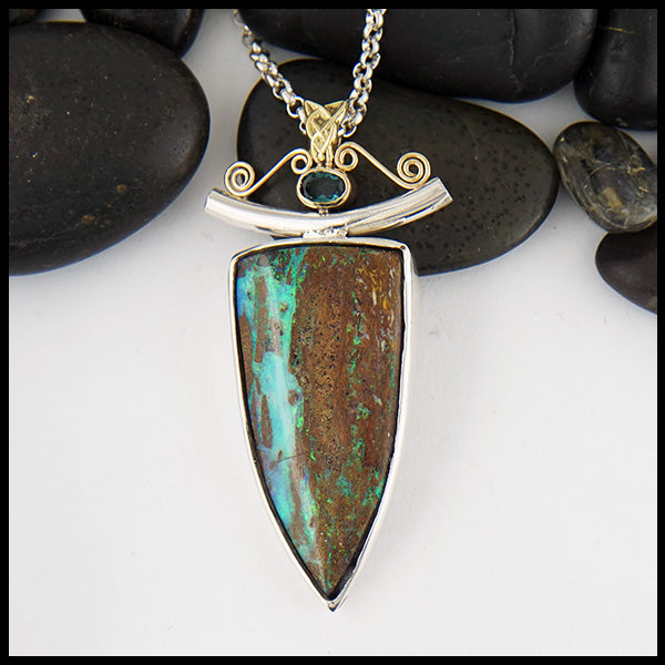 Custom Opal pendant in Sterling Silver and 18K Yellow Gold set with an accented oval tourmaline.