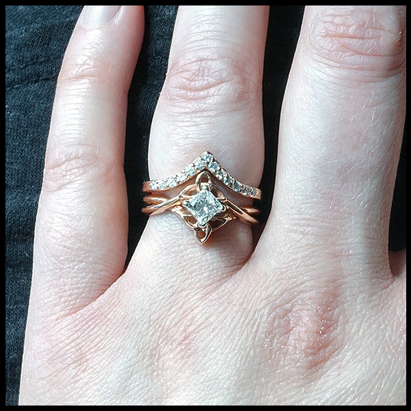 Chevron stacking band with R98 wedding set on model