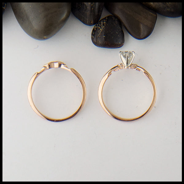 Profile view of Separated Interlocking Wedding Rings in 14K Rose gold