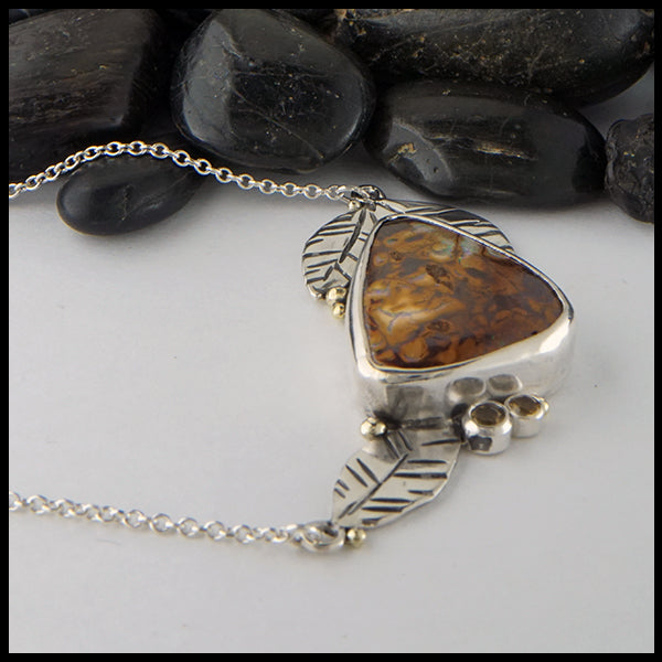 Profile view of Boulder Opal and Citrine Leaf Bar Pendant in Sterling Silver