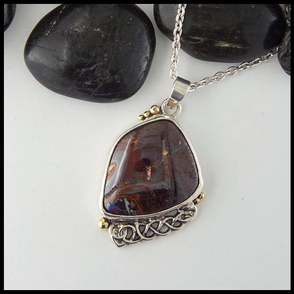 Boulder Opal and Heart Knot Pendant in Sterling Silver and 18K Yellow gold