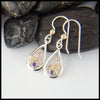 Dainty trinity earrings in silver and gold with amethyst