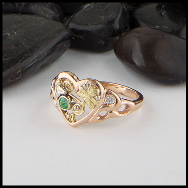Custom Heart ring in 14K Rose, White, and Yellow gold with Tsavorite and Diamonds