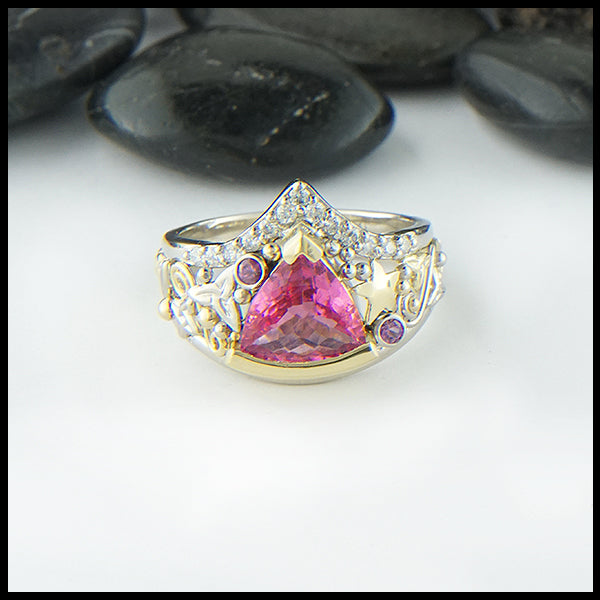 Pink Tourmaline Chevron ring with diamonds in gold