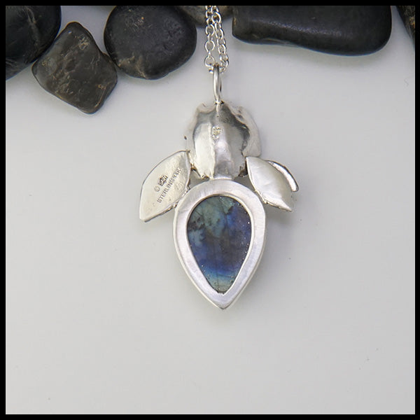 Reverse view of Custom Sterling Silver and 14K Rose Gold Floral Pendant with Labradorite