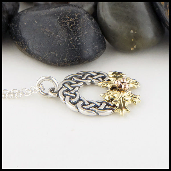 Josephine's Knot Celtic Wreath with Holly in Sterling Silver, 14K Rose Gold, and 18K Yellow Gold